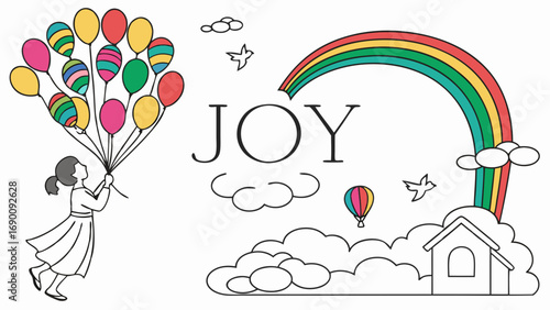 Joyful illustration of a girl with colorful balloons a rainbow and a hot air balloon in a whimsical sky.