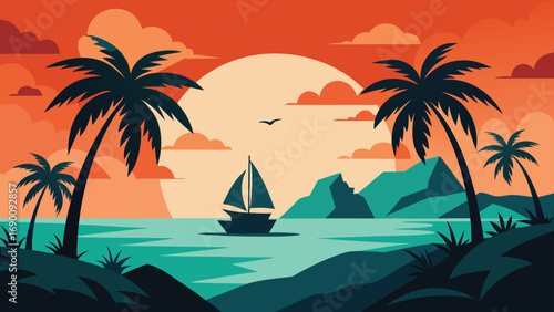 Tropical Sunset with Sailboat and Palm Trees Beach Paradise Illustration