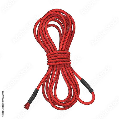 Coiled Red Rope with Black Handle Wraps and Frayed End
