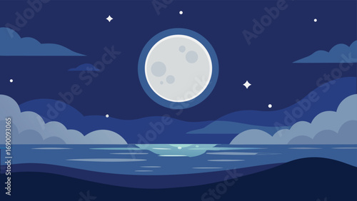 Vectorial Night Ocean Landscape with a Large Full Moon, Stars and Clouds Illustration