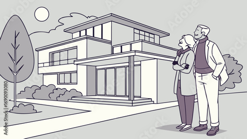 Modern House Couple Dream Home Suburban Landscape Illustration.