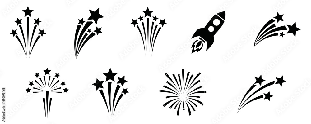 Fototapeta premium Collection of black and white vector graphics featuring fireworks, stars, and a rocket ship.