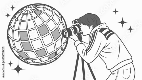 Photographer taking picture of a sphere graphic design illustration artwork creative photography digital art vector illustration artistic concept camera equipment photography equipment tripod lens ph.