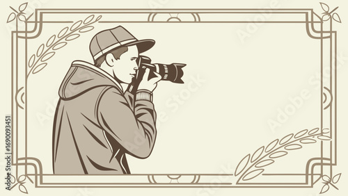 Photographer taking a picture vintage style illustration art deco frame sepia tones graphic design element for photography business website banner magazine cover social media post.