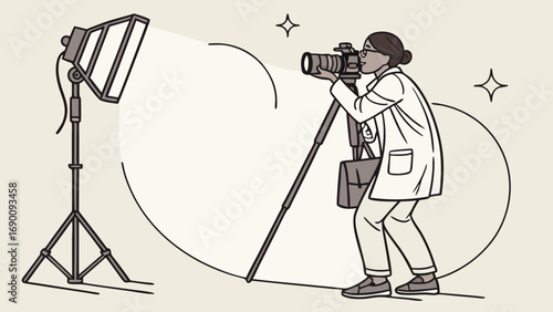 Photographer with camera on tripod studio lighting illustration design element.
