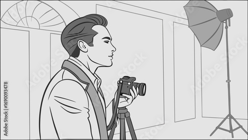 Photographer with Camera on Tripod in Studio Setting.