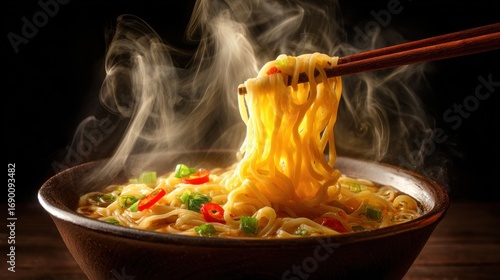 Hot steaming noodles in a bowl