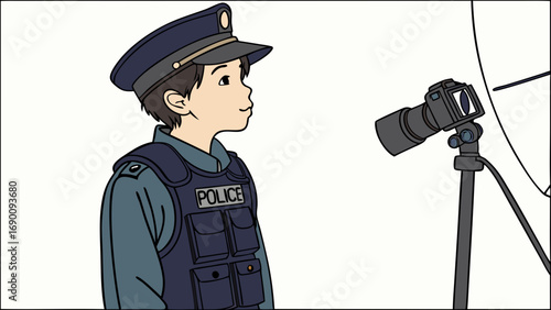 Police Officer in Photo Studio Cartoon Illustration Law Enforcement Security Photography Concept.