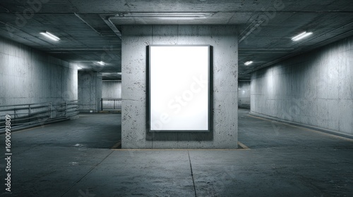Empty billboard in a dark parking garage