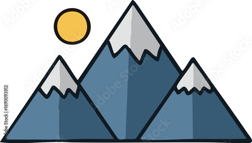 Mountains rise majestically against a clear sky, their snowcapped peaks gleaming in the sunlight, evoking a sense of peaceful adventure.