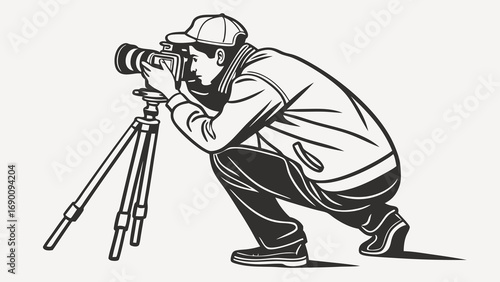 Professional Photographer Using DSLR Camera on Tripod Black and White Illustration.