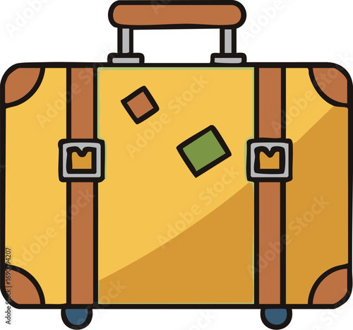 Vintage suitcase sits ready for adventure, adorned with travel stickers, evoking a sense of wanderlust and anticipation for an upcoming journey.