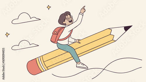 Riding a Giant Pencil A Fun Illustration of Education and Creativity.