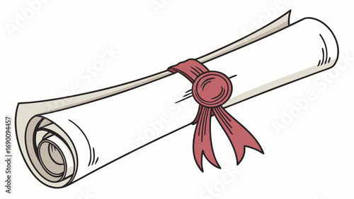 Rolled Document with Red Ribbon and Seal Illustration for Graduation Achievement and Success.