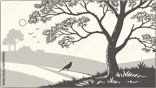 Serene nature scene with bird on branch trees and hills idyllic landscape illustration.