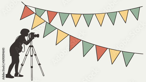 Silhouette of Photographer with Camera on Tripod Festive Bunting Decor Celebration Event Illustration.