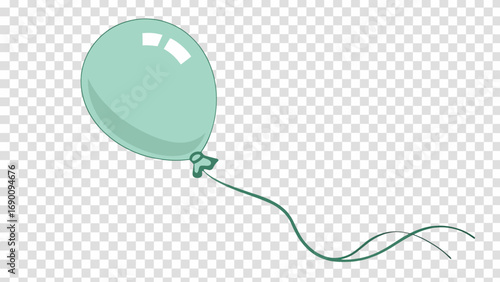 Single Green Balloon Floating with String on Transparent Background.
