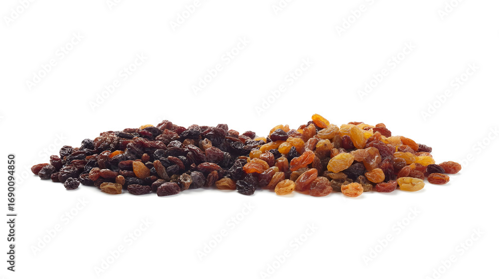 Obraz premium Golden and dark raisin piles for healthy snacking and baking ingredients, adding sweetness and nutrition to your recipes today
