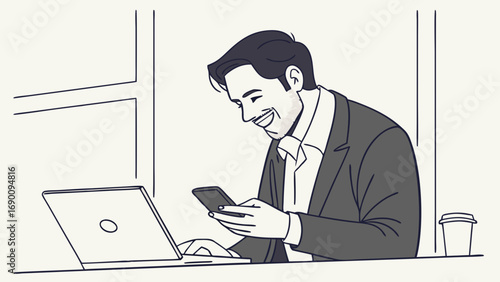 Smiling businessman using smartphone and laptop at desk.