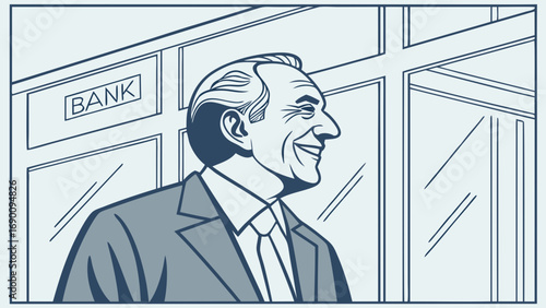 Smiling businessman outside a bank vector illustration financial success corporate portrait happy customer banking services financial industry business person man in suit professional happy expressio.