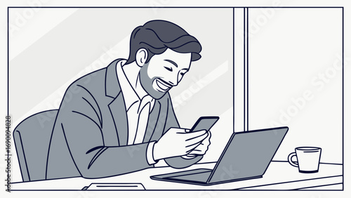 Smiling businessman using smartphone and laptop.