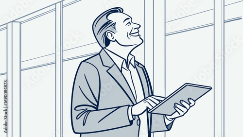 Smiling businessman using tablet modern business illustration vector art corporate success professional confident digital technology office worker happy positive elegant stylish indoors portrait prof.