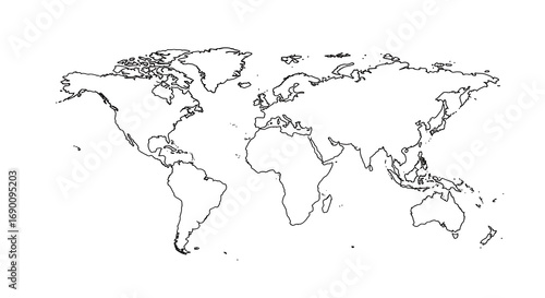 A simple black and white outline map of the world showing the continents and major landmasses clearly