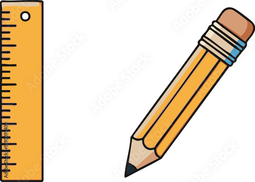 Yellow pencil and ruler lying on white surface, tools for measuring and drawing, simple and clean educational concept.