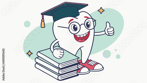 Smiling tooth character wearing graduation cap glasses holding books and giving thumbs up educational mascot illustration.