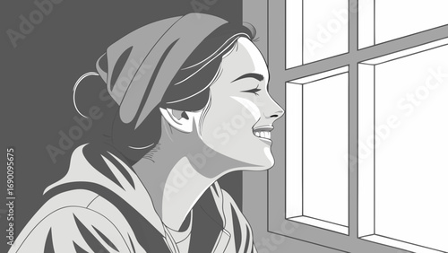 Smiling woman looking out window grayscale illustration happy hopeful portrait profile vector art graphic design.