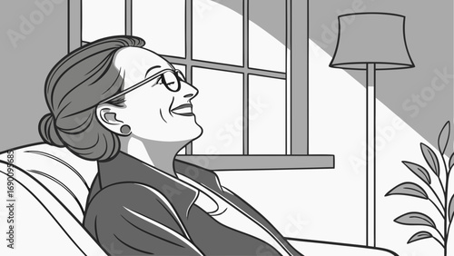 Smiling woman relaxing by the window black and white illustration vector art.