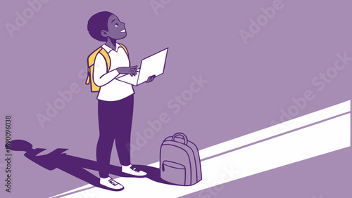 Student with laptop backpack shadow education technology back to school digital learning online class future hopeful optimistic cartoon illustration graphic design vector art purple background flat d.