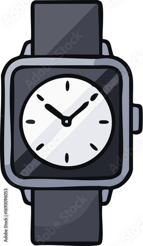 Gray wristwatch with white face displays the time, resting on a plain surface, symbolizing punctuality and modern style.