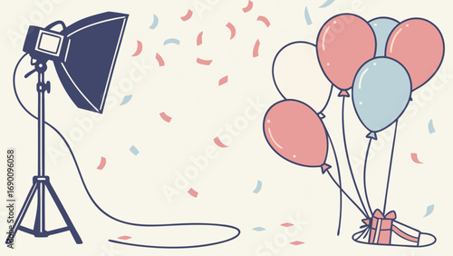 Studio lighting setup with balloons and gift illustration celebration party design festive backdrop photography equipment birthday event graphic design element.