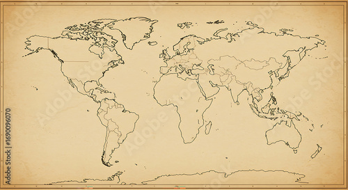 A detailed world map illustration with continents outlined in black on a light tan background color