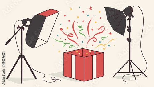Studio Lighting Setup with Gift Box and Confetti Explosion.