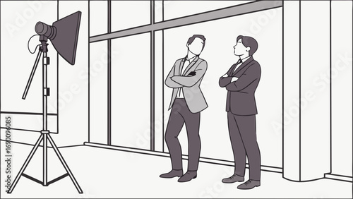 Studio lighting two business people waiting photoshoot preparation professional portrait corporate image business meeting illustration.