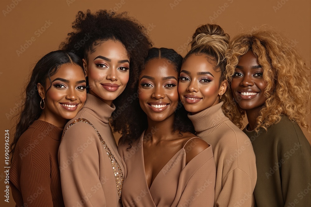 Fototapeta premium Five smiling women in cozy neutral outfits, warm brown background, natural lighting, concept of friendship, unity, and beauty. Ai generative
