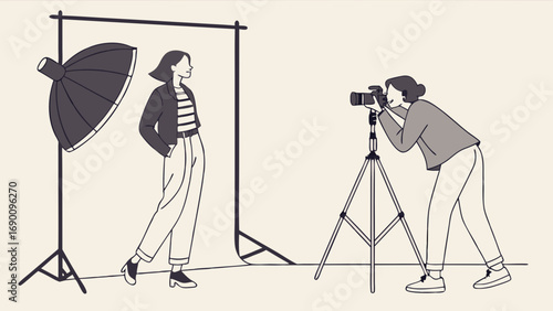 Studio Photography Session Fashion Shoot Photographer and Model Professional Photo Shoot Portrait Session Camera Lighting Equipment Backdrop Tripod Fashion Illustration Artistic Illustration Graphic .