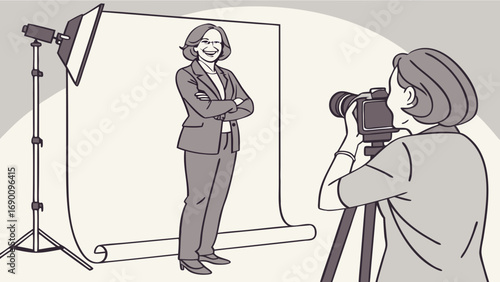 Studio Photography Session Professional Portrait Shoot Photographer and Subject Businesswoman Illustration Graphic Design.