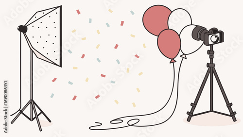 Studio Photography Setup with Balloons and Confetti DSLR Camera on Tripod Lighting Equipment Illustration.