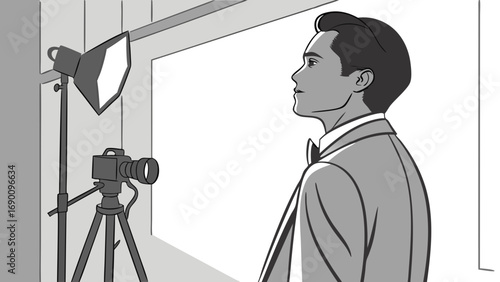 Studio Photography Setup with Man in Tuxedo.