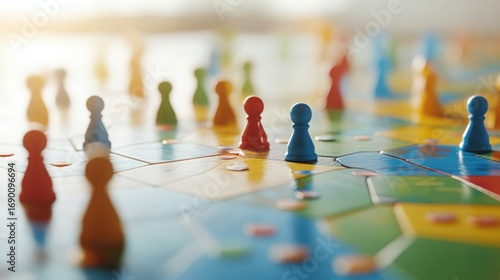 Colorful Game Board with Pawns in Soft Focus Illuminated by Sunlight