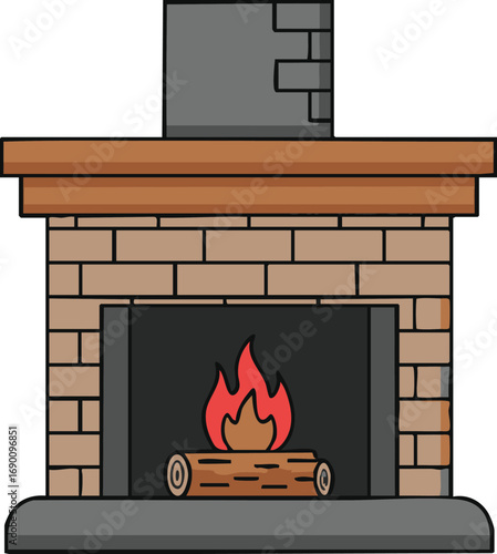 Cozy fireplace burns brightly in brick hearth with wooden mantel, creating a warm and inviting atmosphere on a cold winter evening.