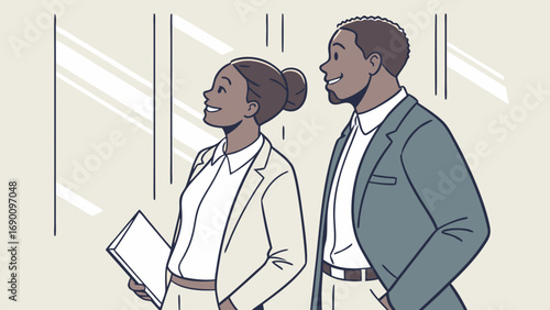 Two business colleagues walking and talking together illustration vector art.