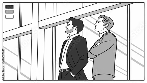 Two Businessmen Looking Out Window Modern Office Illustration Gray Scale Vector Graphic.