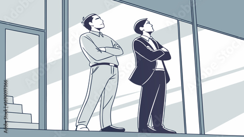 Two Businessmen Looking Out Window Modern Office Illustration.