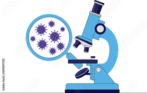 Microscope with virus cells illustration, scientific research, laboratory equipment, microbiology analysis, disease study, medical science, healthcare research, and biology education.