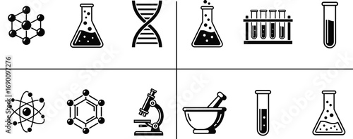 Vector icon set of science and lab tools including molecular structure, DNA strand, flask, test tube, microscope, atomic model, mortar