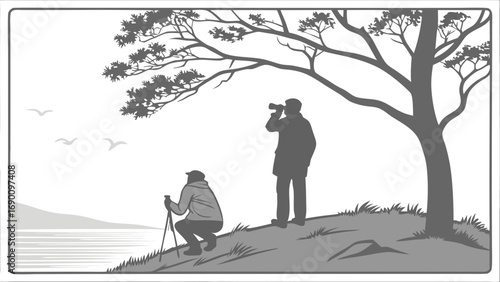 Two figures enjoying nature by the water birdwatching and hiking.